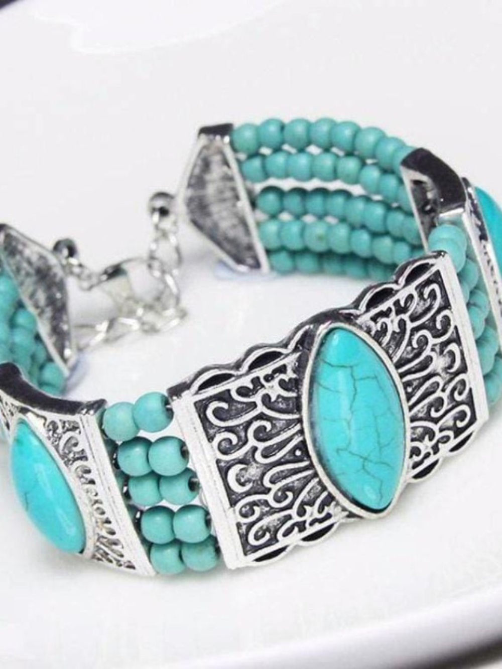 Womens Silver Beaded Multi-Strand Turquoise Beaded Bracelet